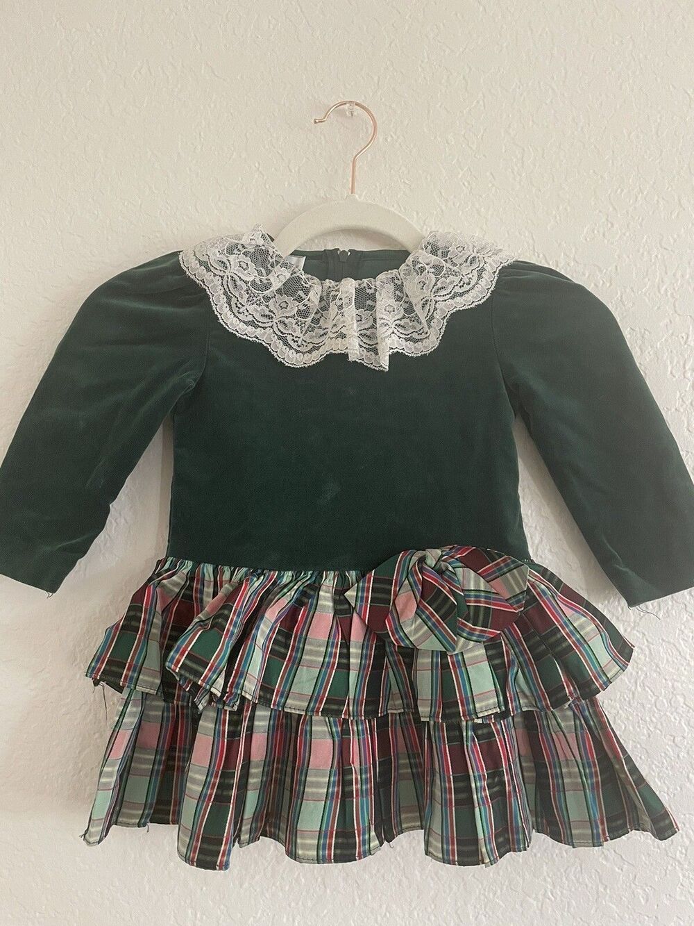 Children’s Vintage Christmas Holiday Dress 2T Velvet Plaid Lace Collar - Picture 2 of 14